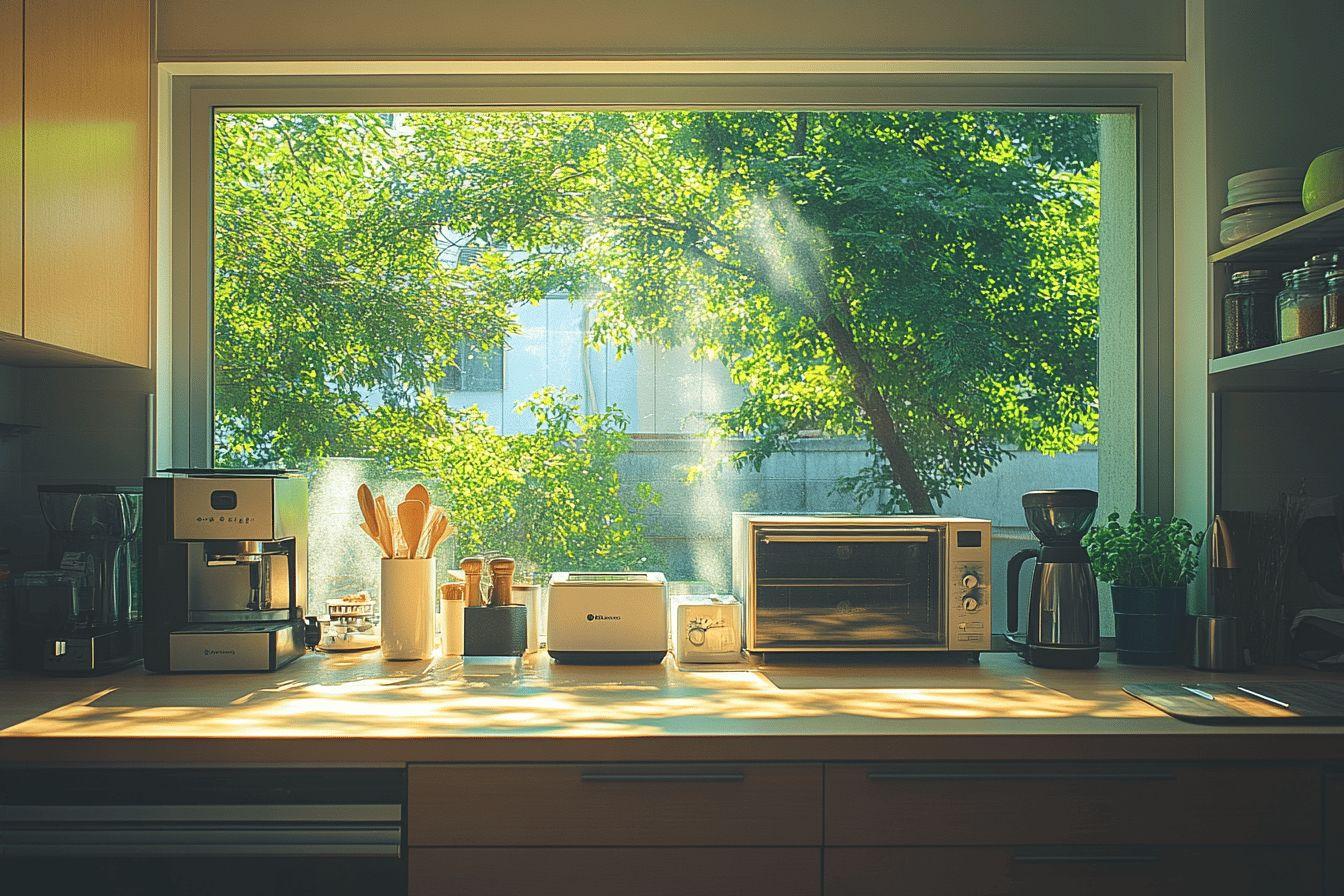 Comptoir de cuisine avec appareils électriques et arbre par la fenêtre