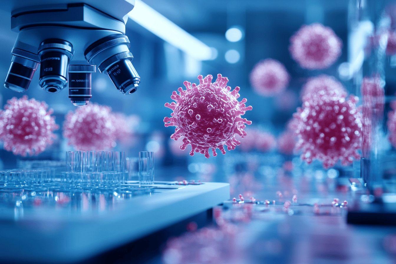 Microscope et cellules virales dans un laboratoire de recherche