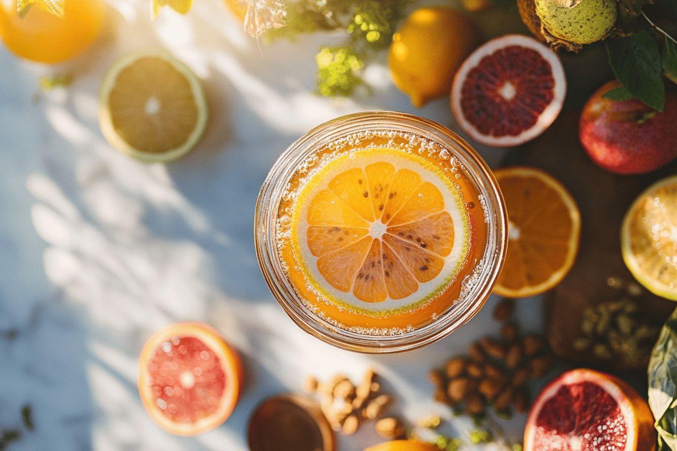 Boisson fraîche avec tranche de citron et agrumes colorés