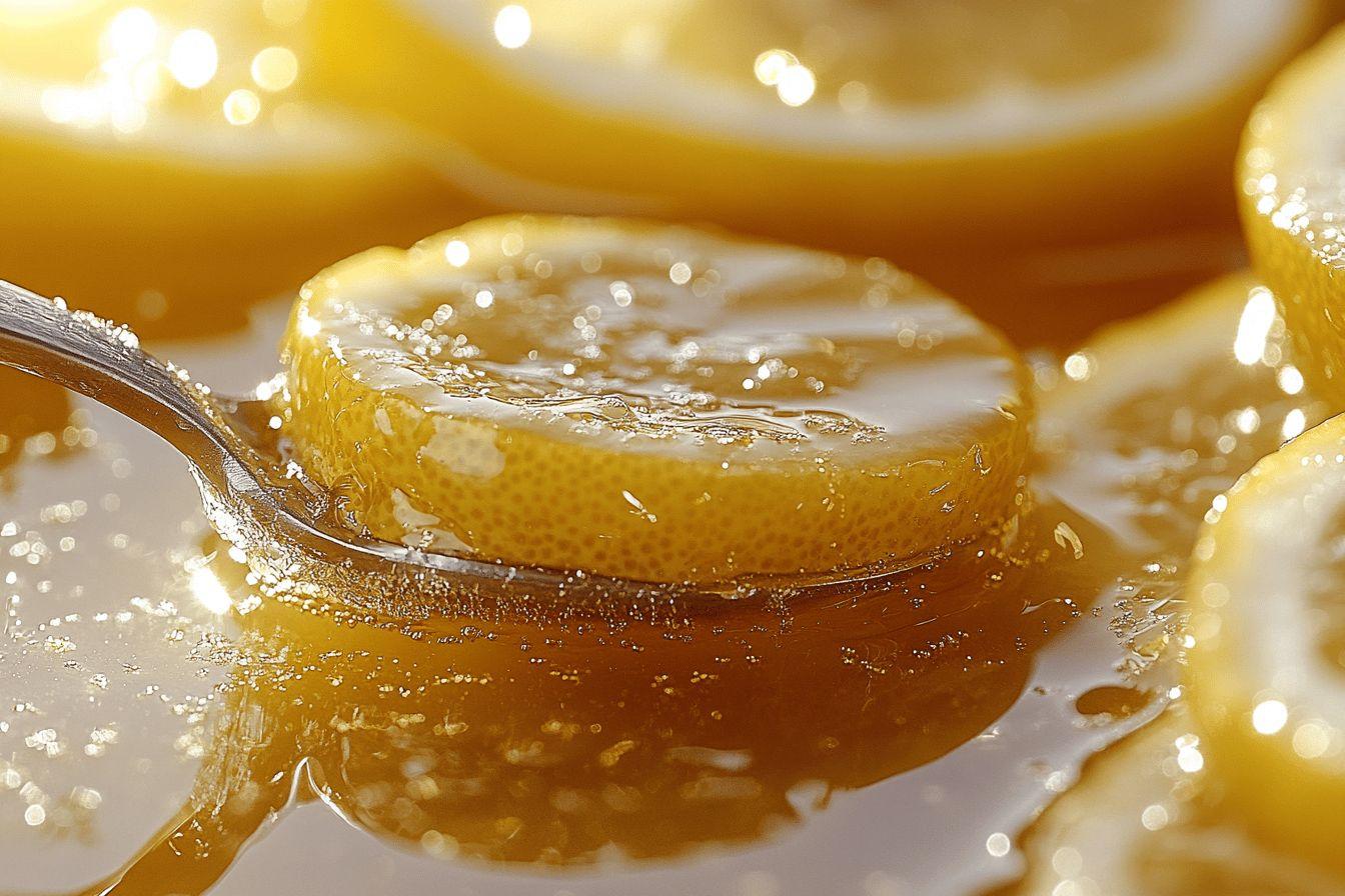 Tranches de citron brillantes et sucrées dans un sirop doré