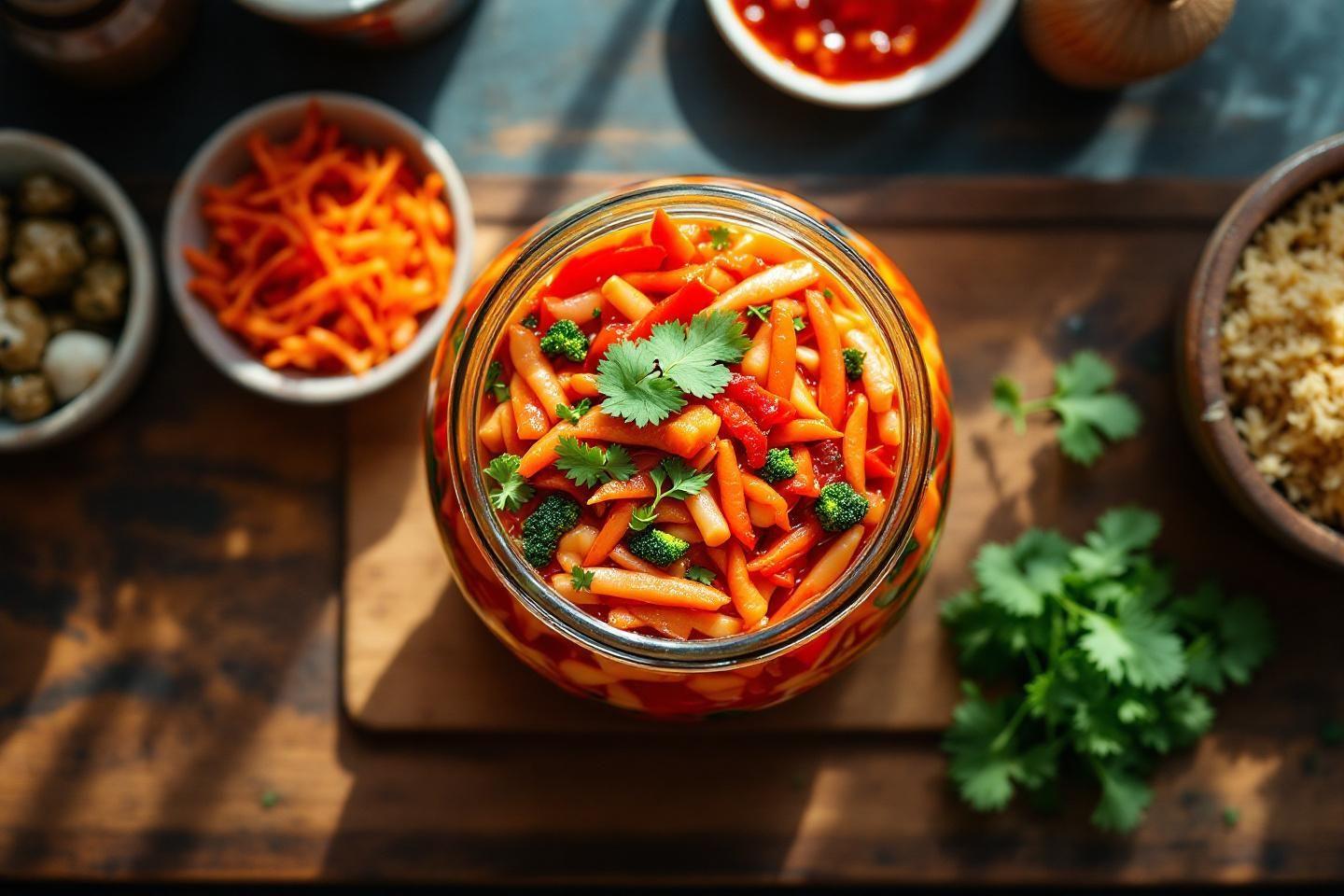 Bocal de carottes et poivrons marinés avec coriandre fraîche