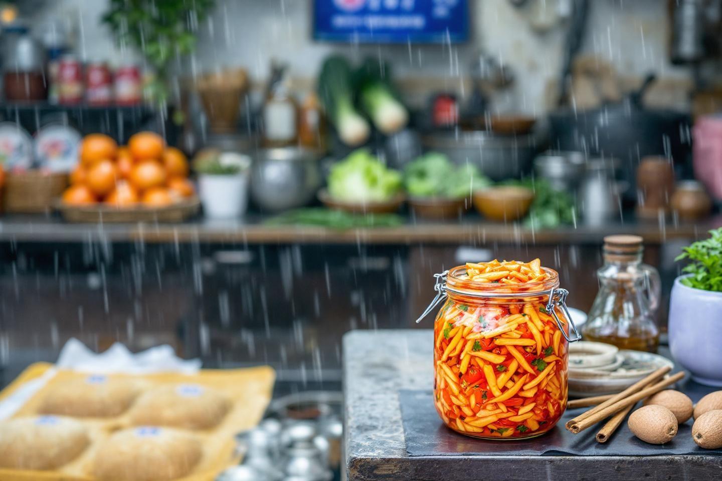 Bocal en verre rempli de légumes orange et jaunes marinés
