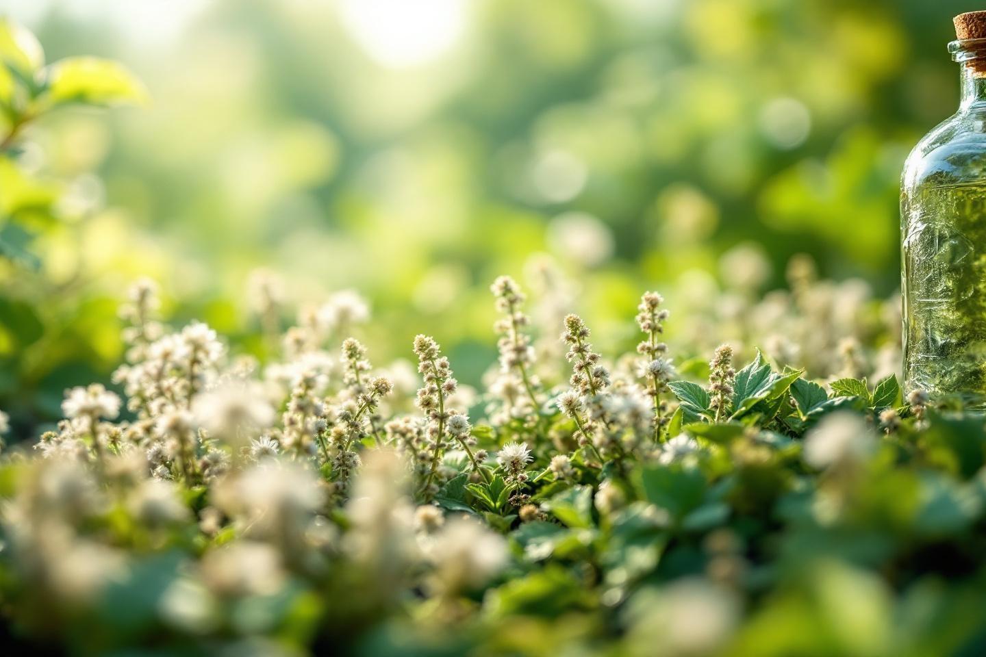 Gros plan sur des fleurs blanches avec une bouteille en verre