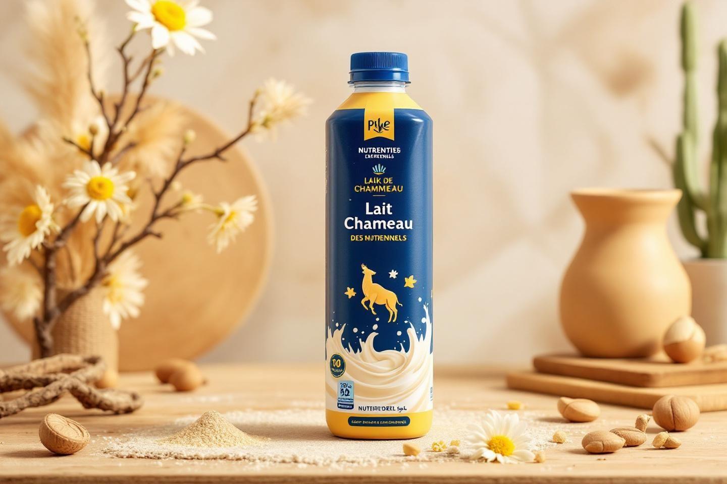 Bouteille de lait de chameau sur une surface en bois avec fleurs