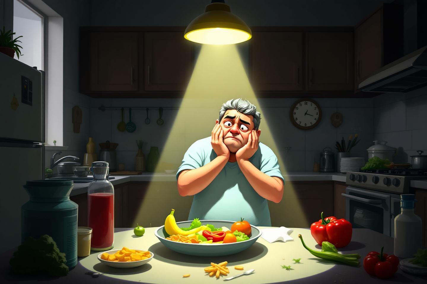 Homme dépité par son assiette de légumes et salade