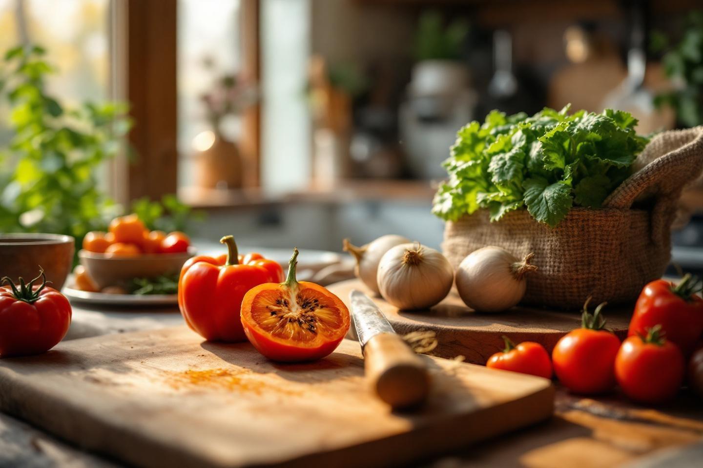 Tomates, oignons, poivrons et persil sur une planche en bois