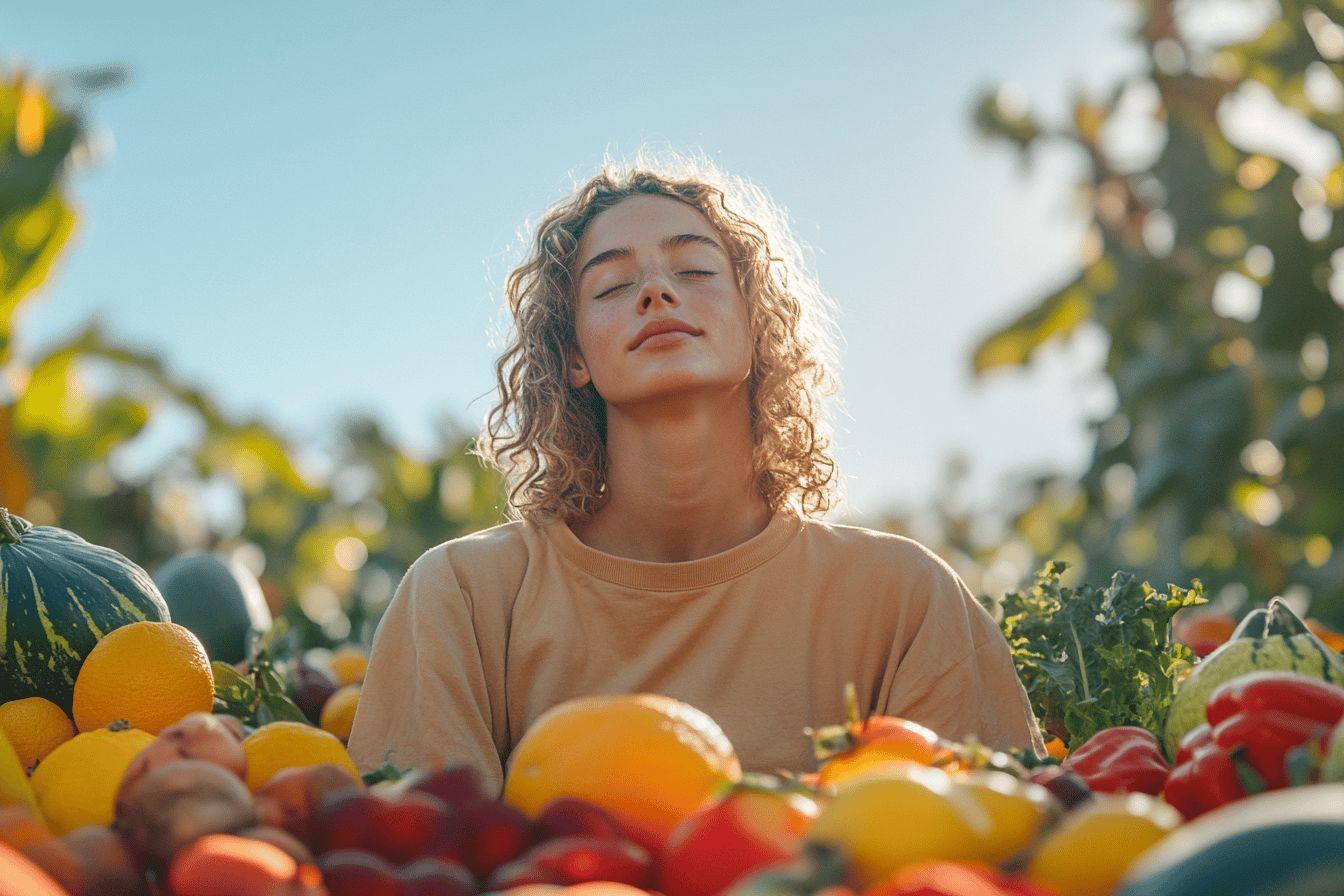 Femme aux yeux fermés entourée de fruits colorés