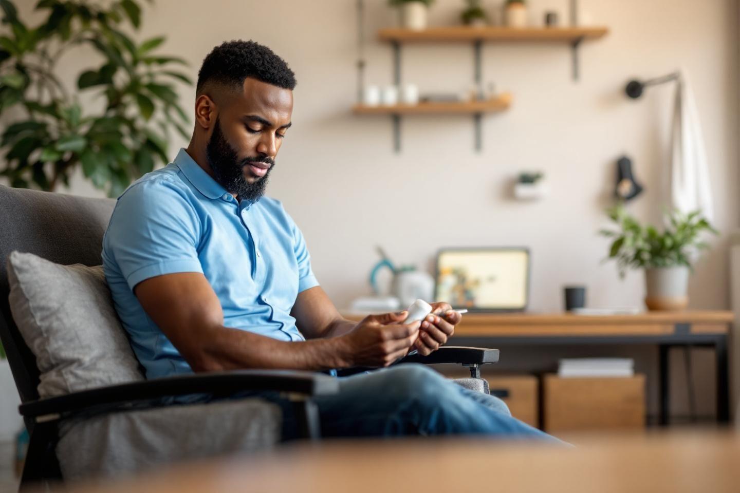 Homme barbu en polo bleu assis dans un intérieur lumineux