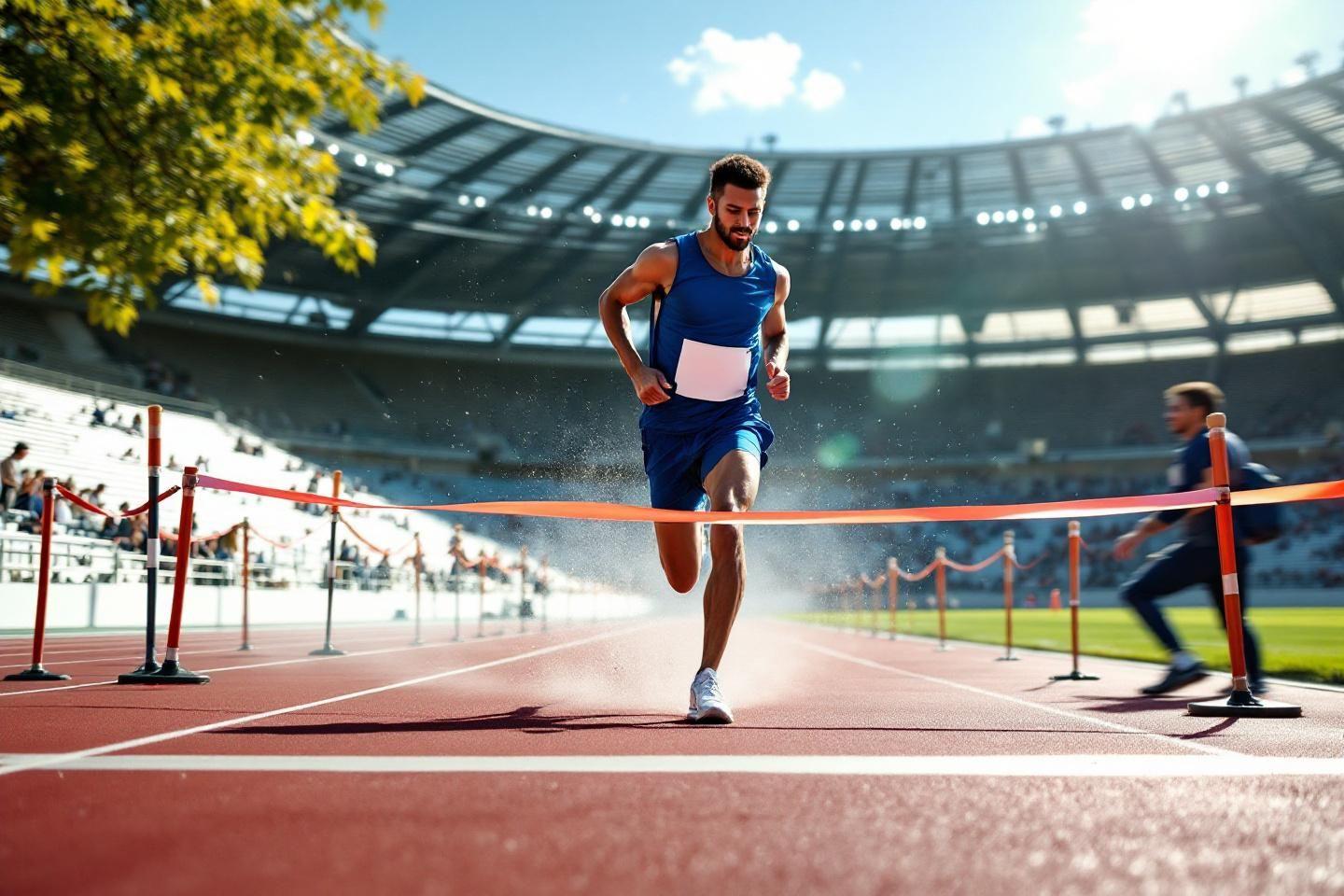 Athlète en bleu courant sur piste dans un stade