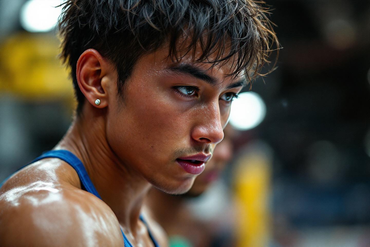 Jeune sportif transpirant avec une expression déterminée