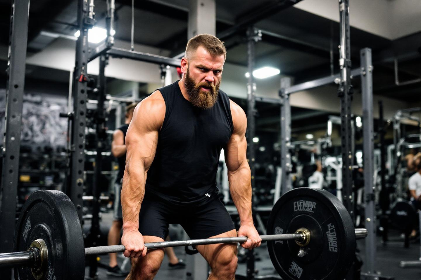 Homme barbu fort soulevant une barre lourde en salle