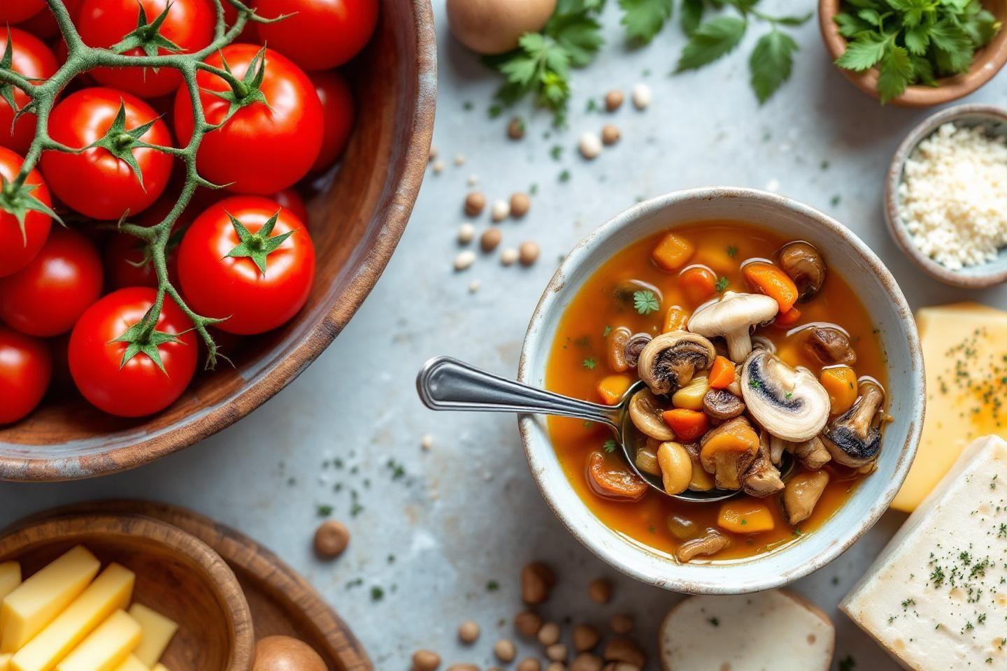 Bol de soupe aux champignons entouré de légumes frais