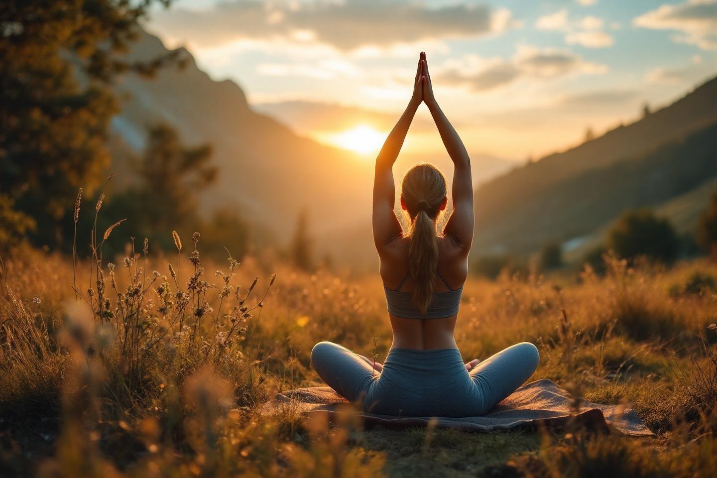 Femme méditant dans un champ de montagne au lever du soleil