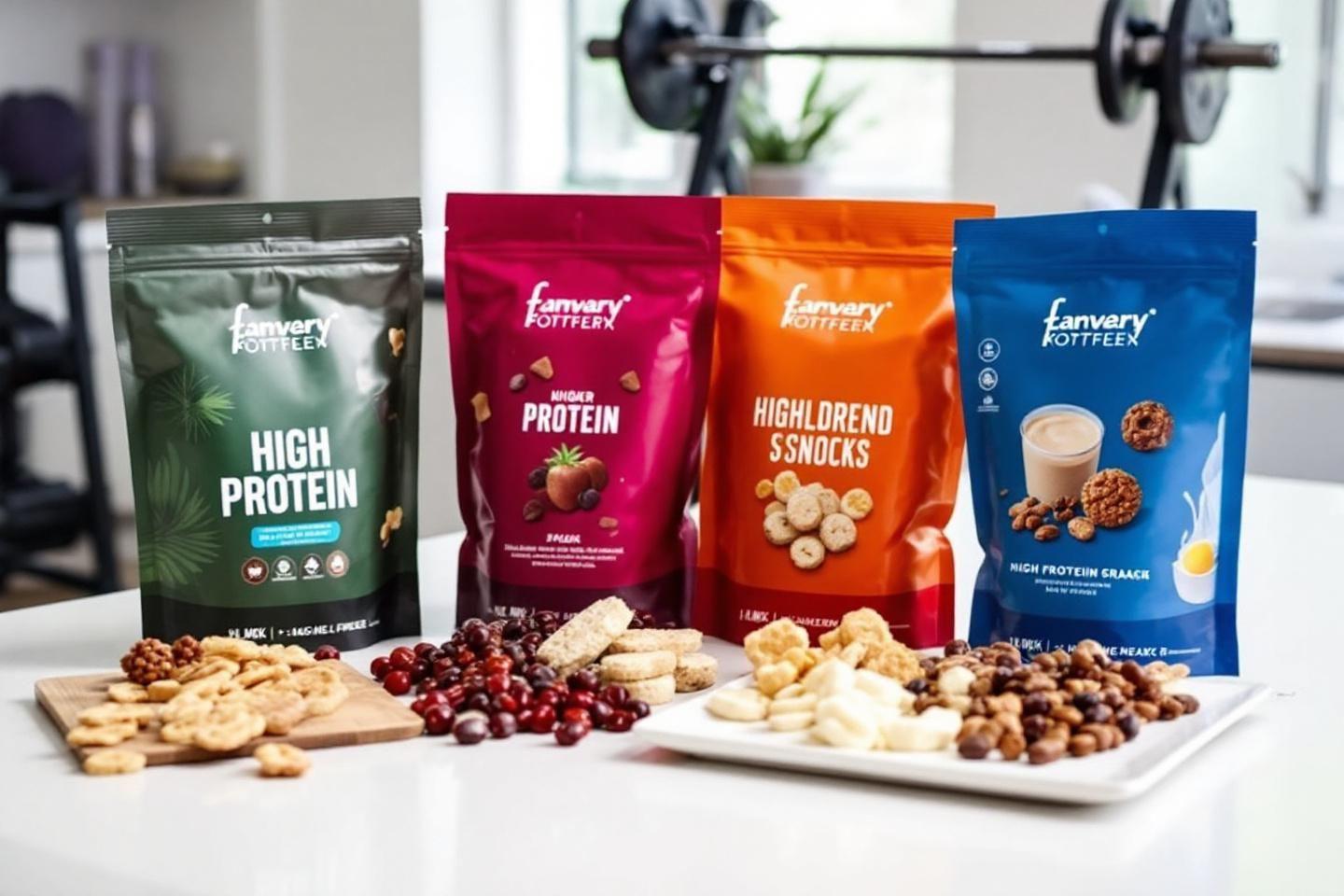 Gamme de produits protéinés avec sachets colorés et fruits secs