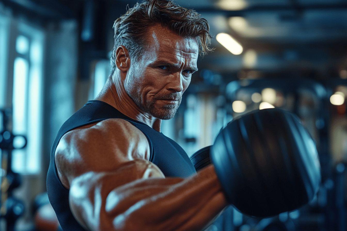 Homme musclé soulevant un haltère dans un gymnase sombre