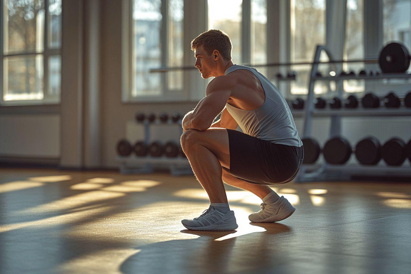 Homme en tenue de sport faisant un squat près d'haltères