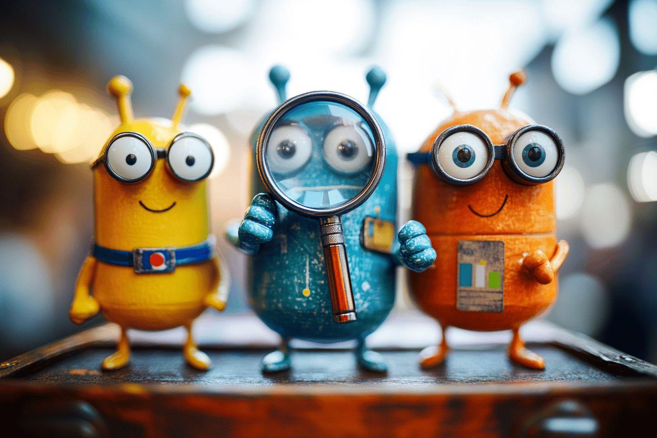 Trois personnages jouets mignons avec des lunettes et des antennes