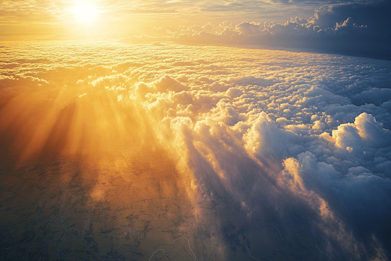 Vue aérienne de nuages dorés au lever du soleil