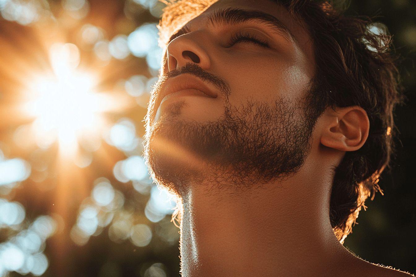 Visage barbu en gros plan baigné de lumière dorée