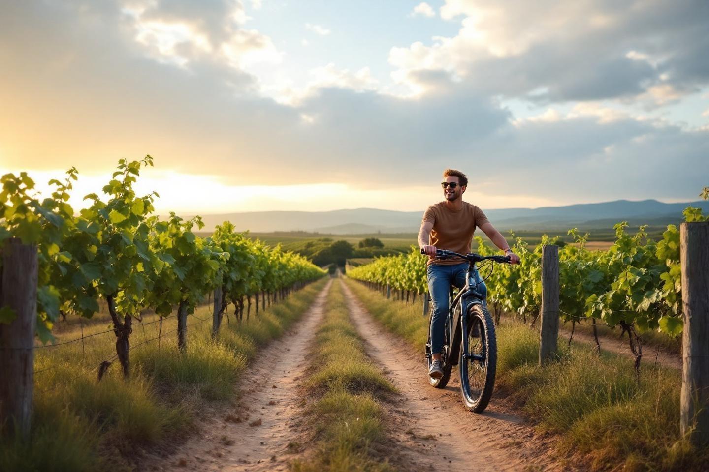 Cycliste pédalant entre les rangs de vignes au soleil couchant