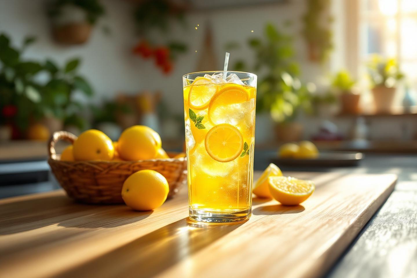 Verre de citronnade glacée avec des tranches de citron
