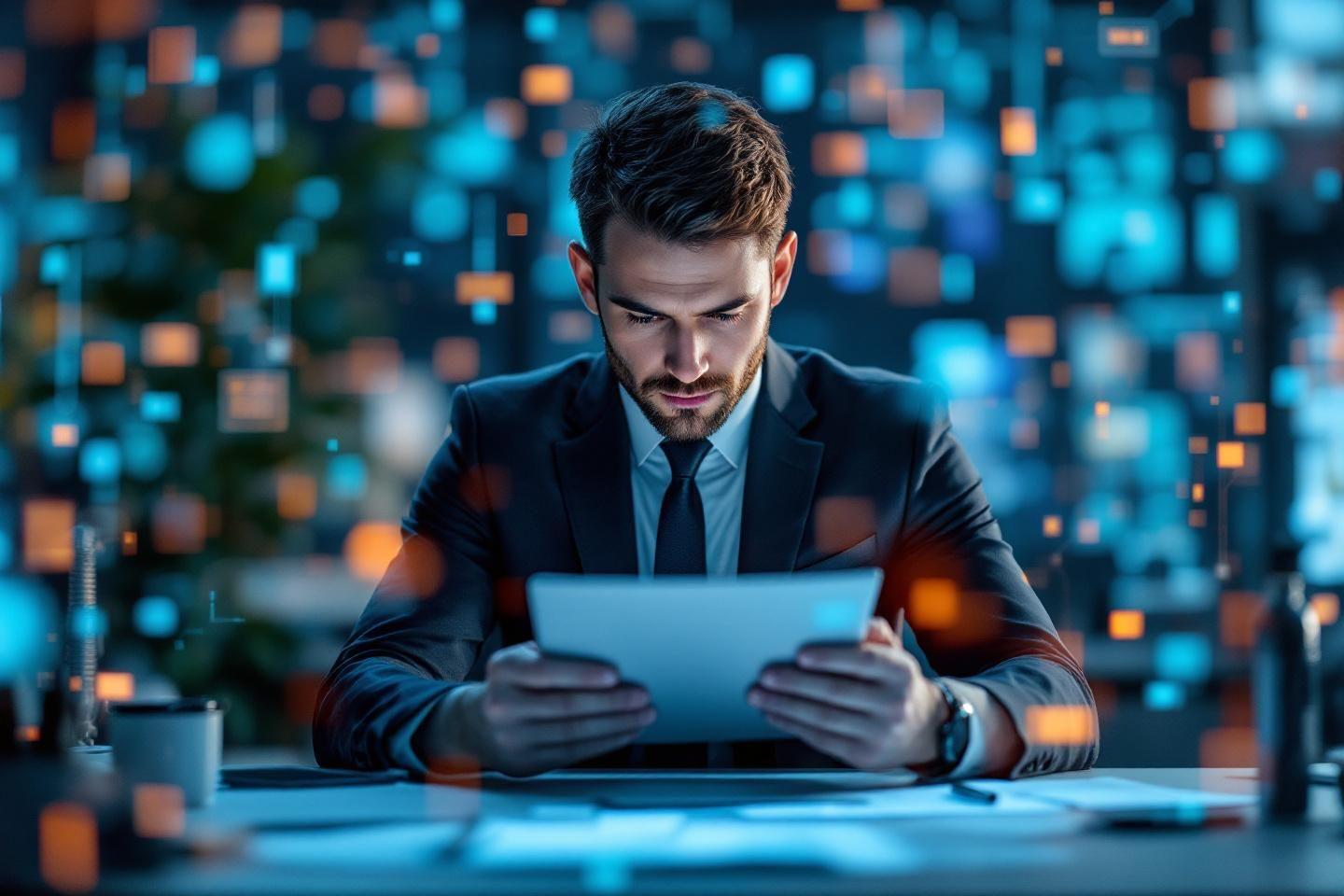 Homme d'affaires concentré travaillant sur tablette numérique