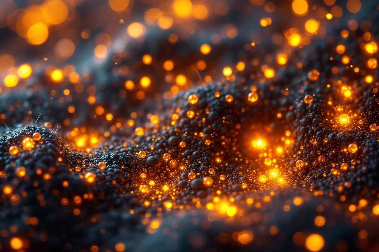 Gouttelettes orange brillantes sur texture rugueuse et sombre