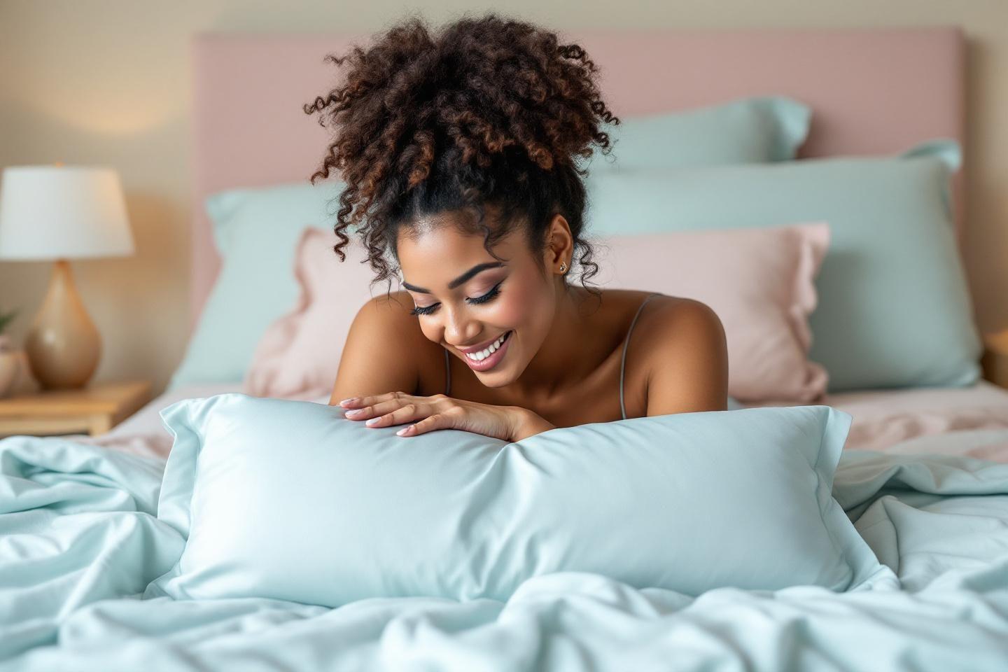 Jeune femme heureuse se détendant sur un lit bleu pastel