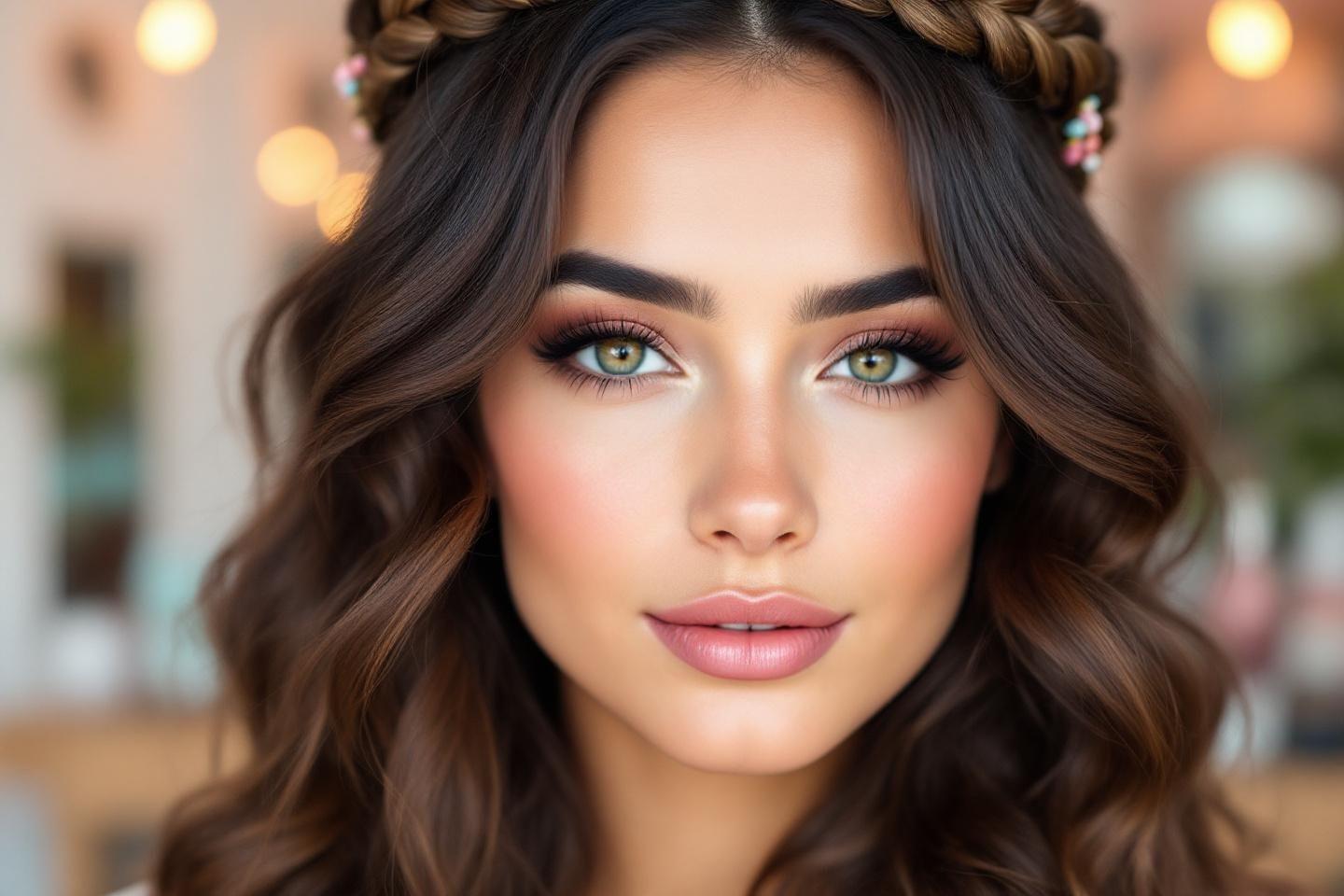 Portrait d'une femme aux cheveux bouclés et maquillage sophistiqué