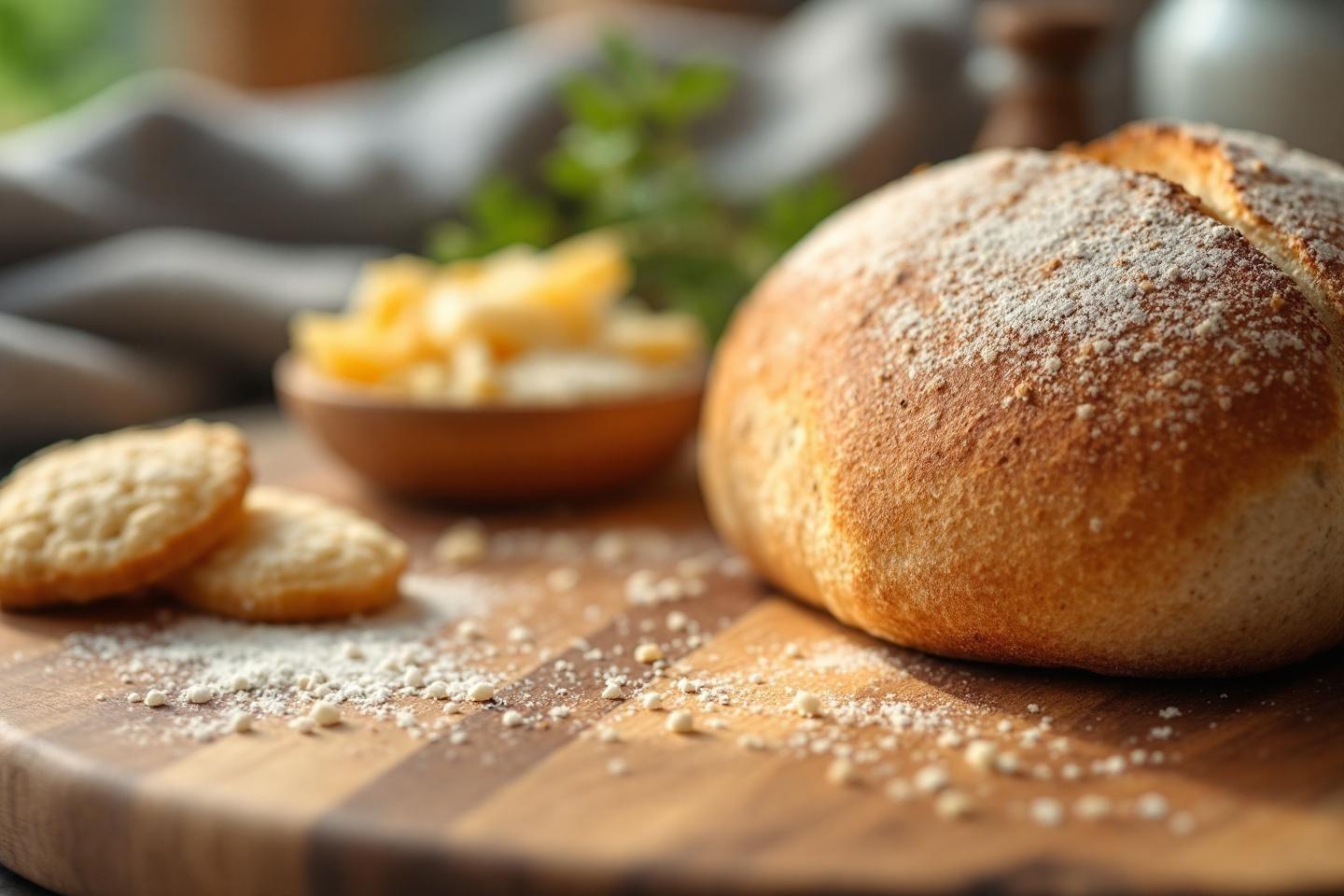 Pain doré saupoudré sur planche à découper en bois