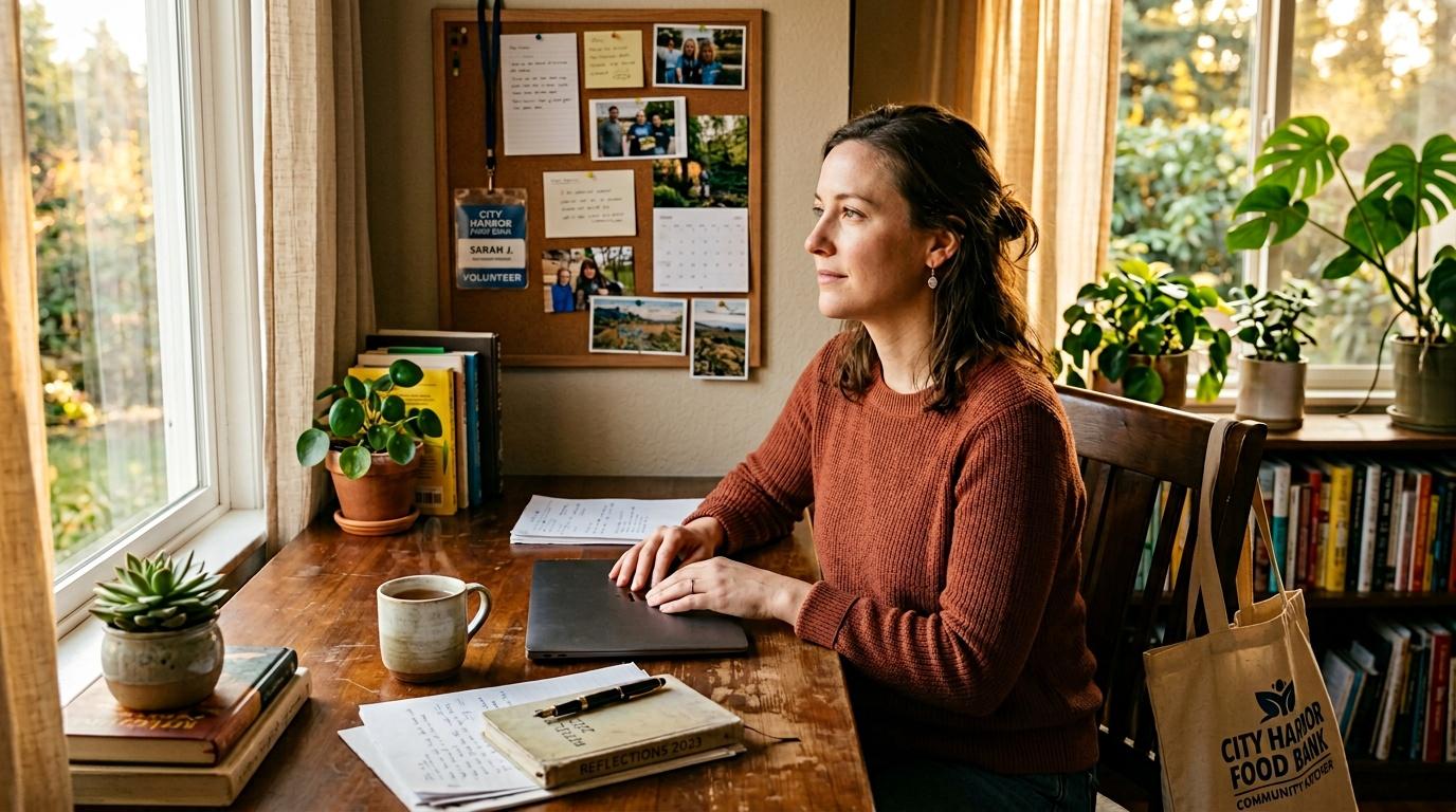 Woman in rust sweater working at wooden desk by window