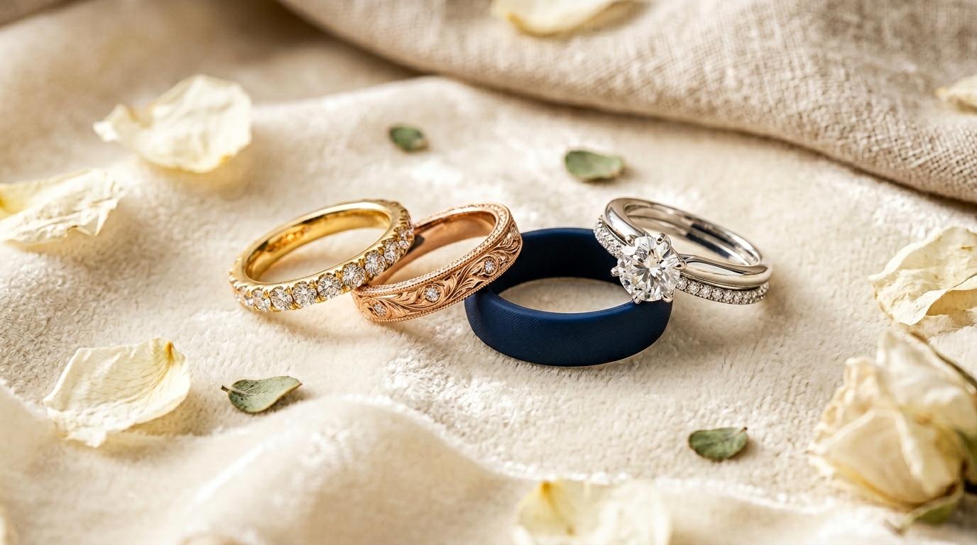 Four elegant rings displayed on cream fabric with flower petals