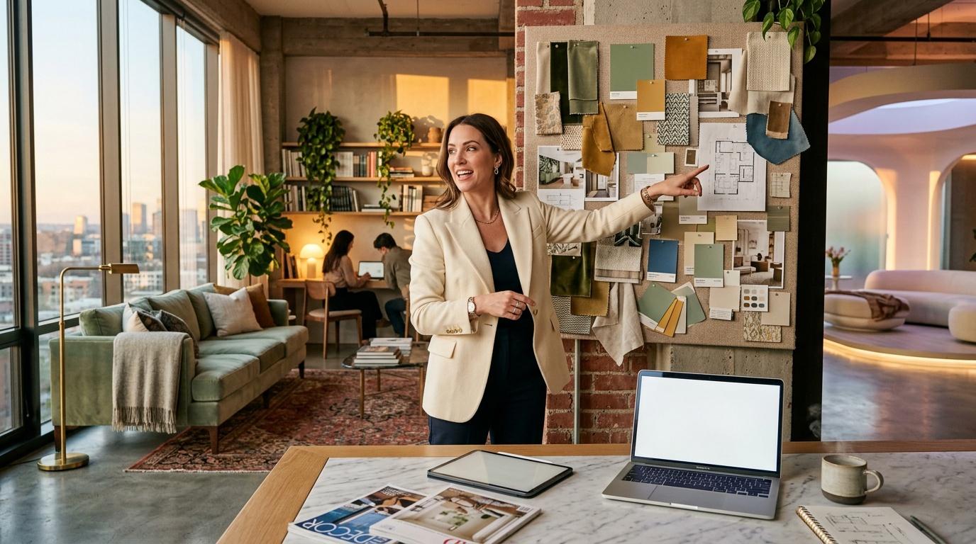 Woman designer gestures at mood board in modern office