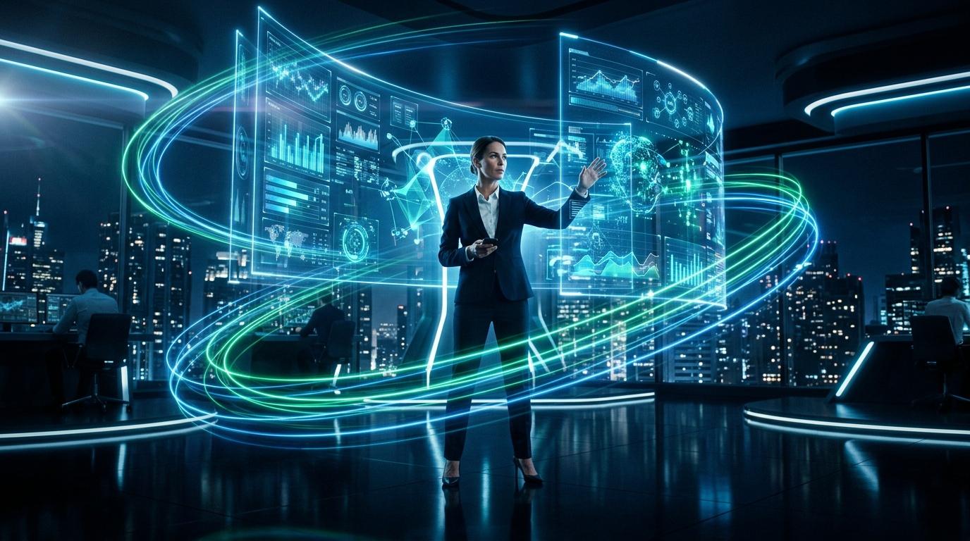 Hombre de negocios interact&uacute;a con pantallas hologr&aacute;ficas de datos financieros