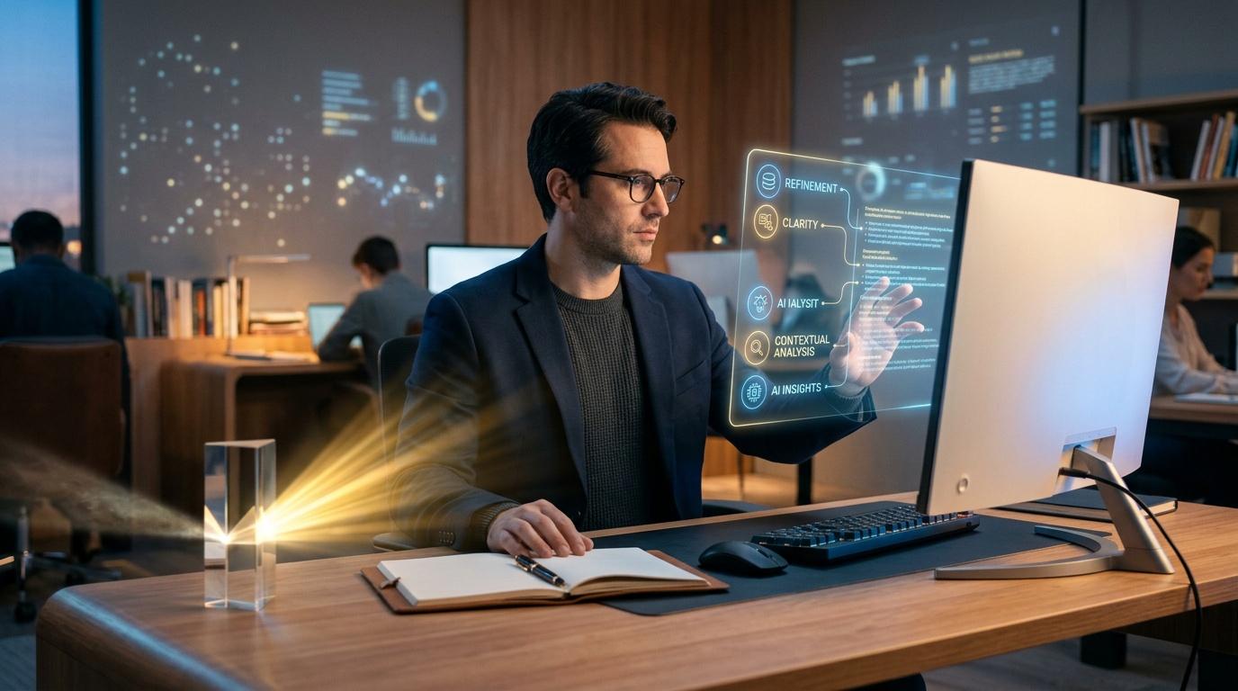 Hombre con gafas interact&uacute;a con pantalla hologr&aacute;fica de an&aacute;lisis de datos