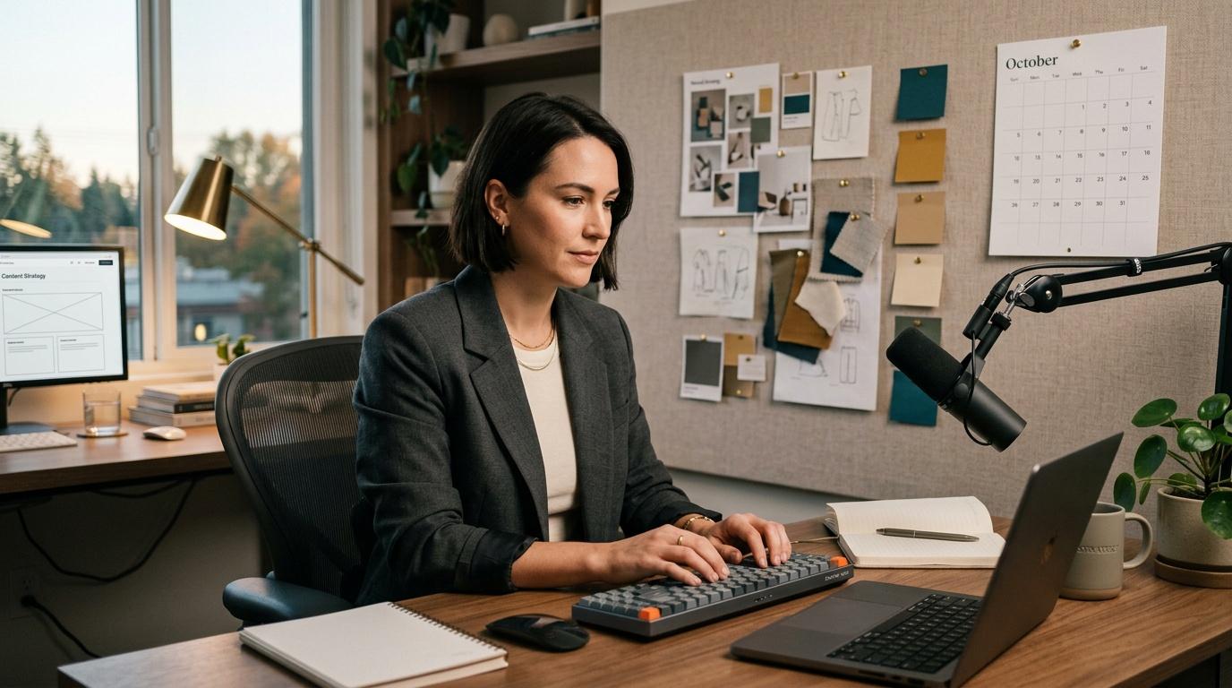 Profesional mujer en escritorio con computadoras y micr&oacute;fono