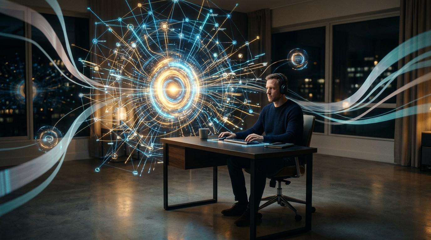 Homme travaillant avec visualisation de r&eacute;seau technologique brillant