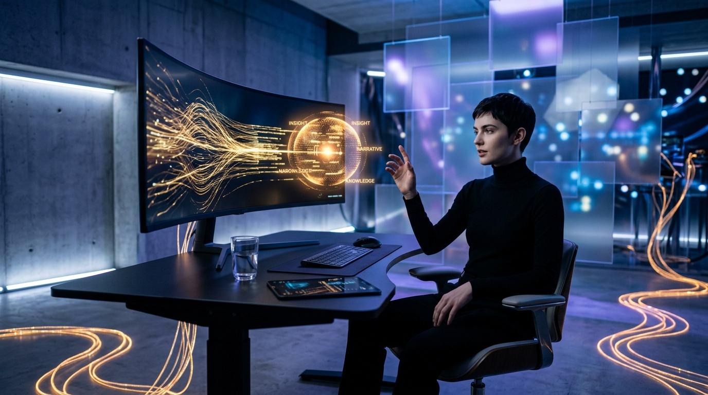 Femme interagissant avec interface IA futuriste au bureau