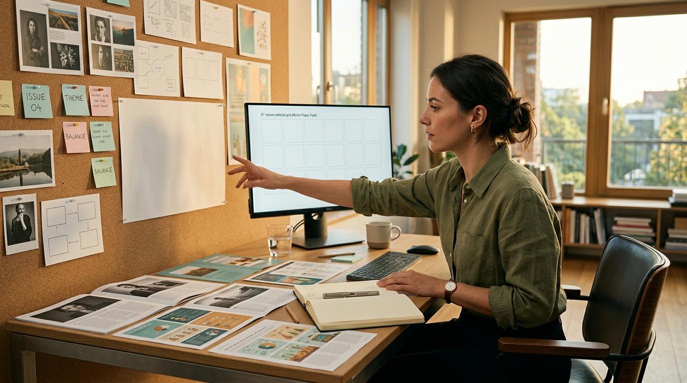 Woman designer reviewing layouts and sketches at workspace desk