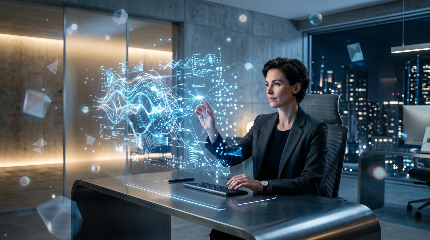 Femme d'affaires interagissant avec visualisation de donn&eacute;es num&eacute;riques