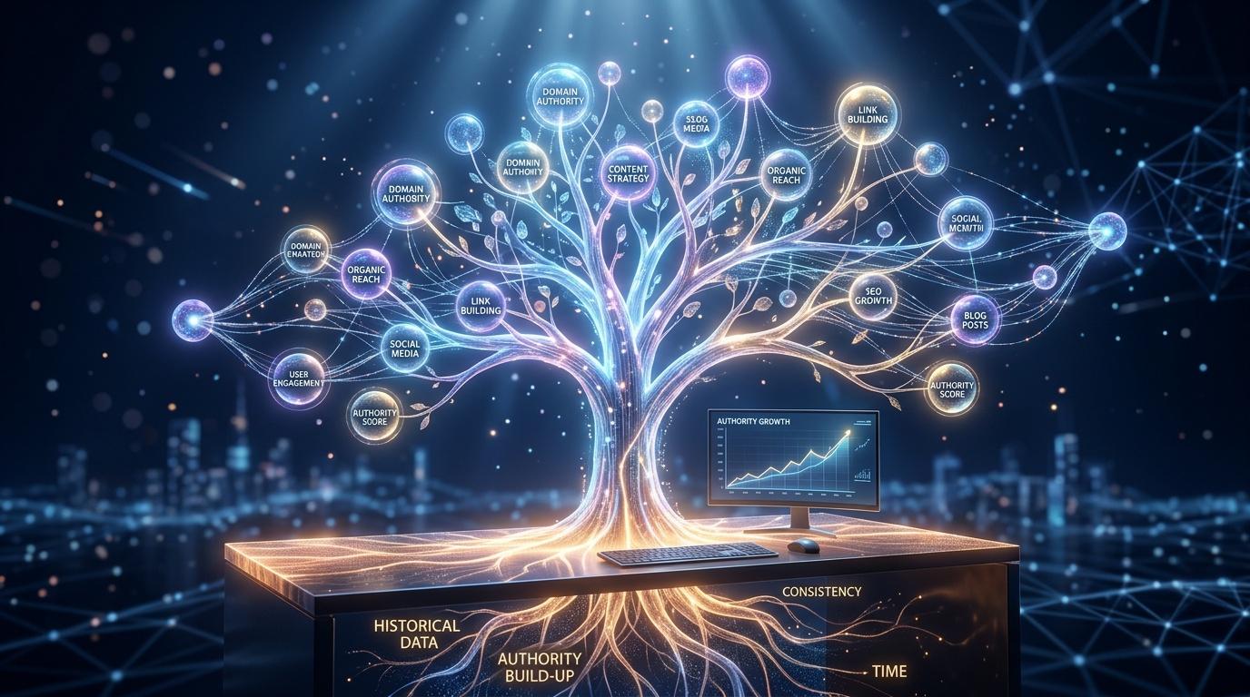 &Aacute;rbol digital luminoso mostrando factores de autoridad en l&iacute;nea y SEO.