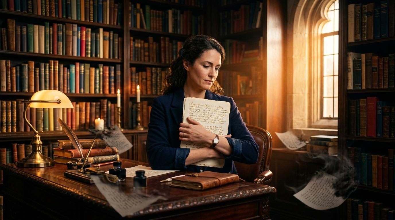 Mujer sostiene carta manuscrita hist&oacute;rica en biblioteca antigua