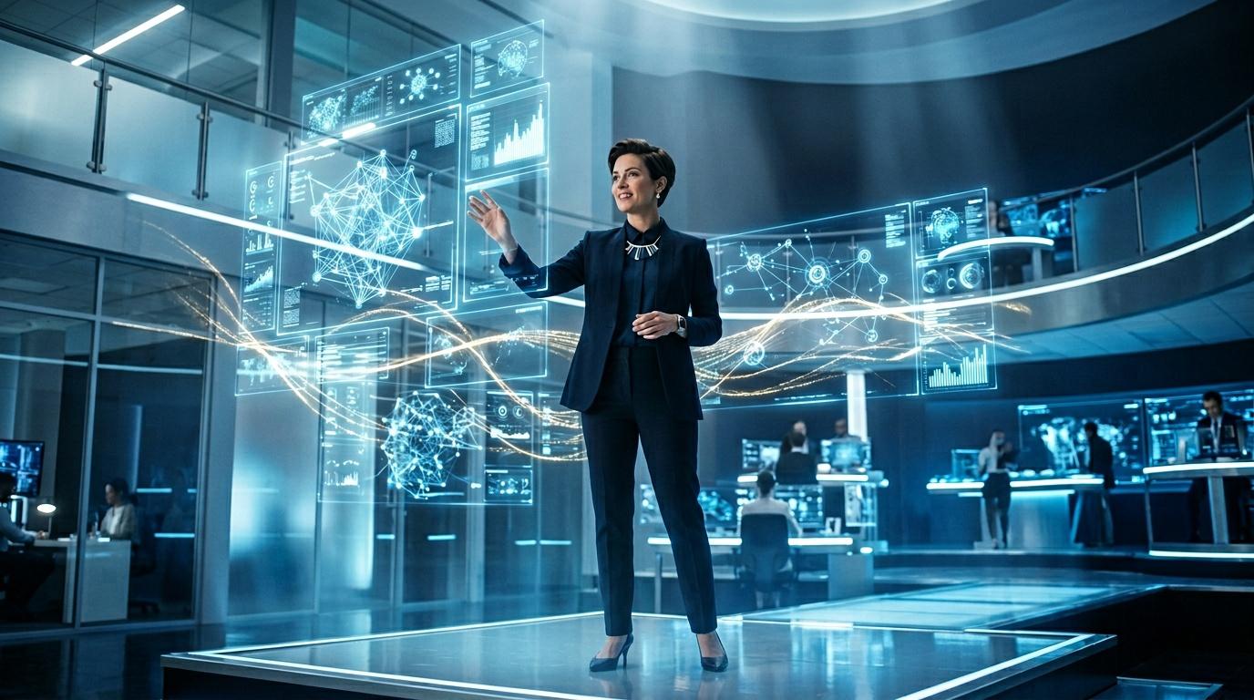 Mujer profesional en oficina digital con visualizaciones hologr&aacute;ficas de datos