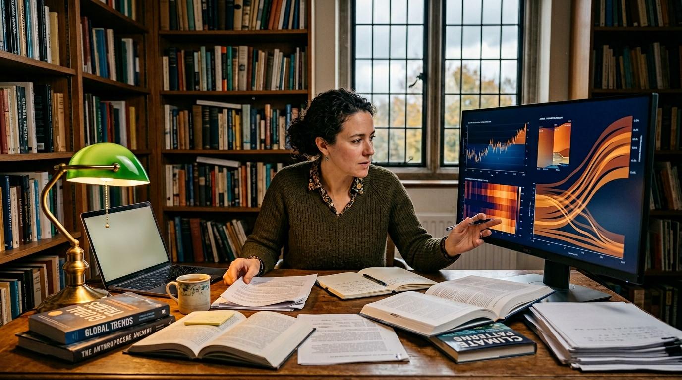 Mujer estudiando datos cient&iacute;ficos en escritorio con libros