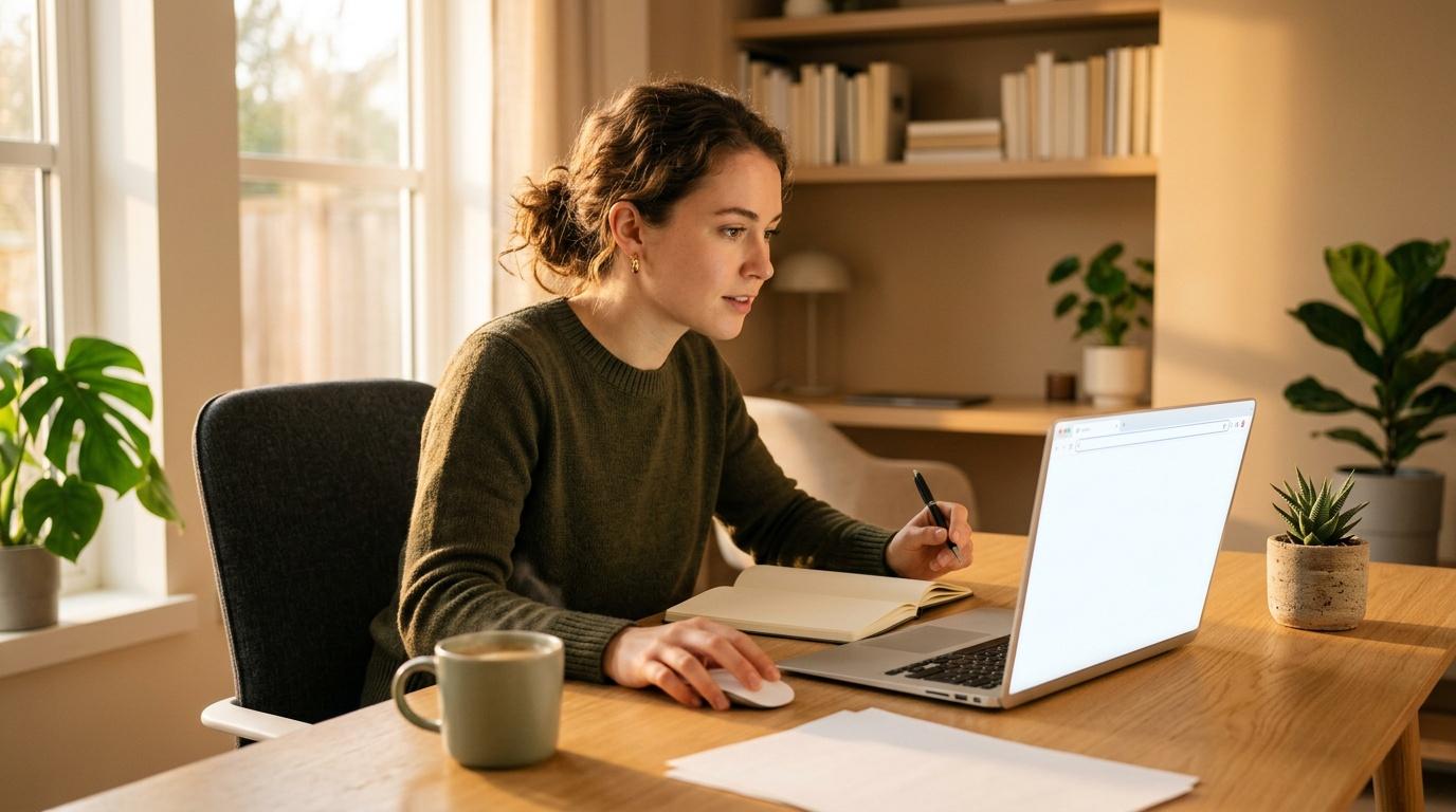 Woman working on laptop at wooden desk with plants