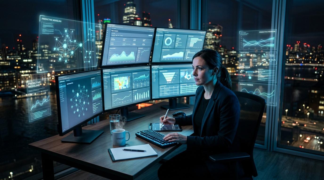 Mujer analizando datos en m&uacute;ltiples pantallas nocturnas