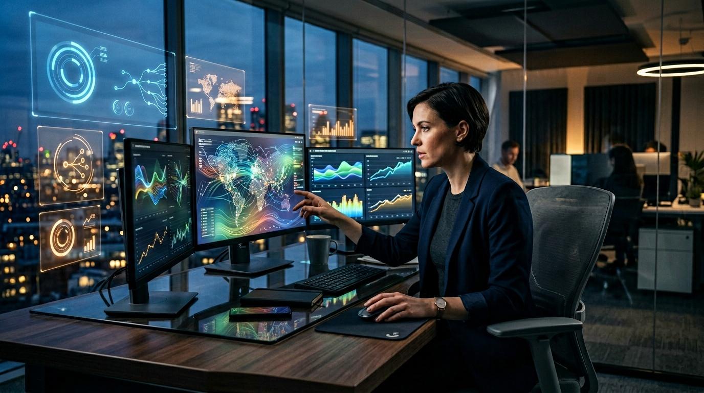 Mujer profesional analiza gr&aacute;ficos digitales en m&uacute;ltiples pantallas