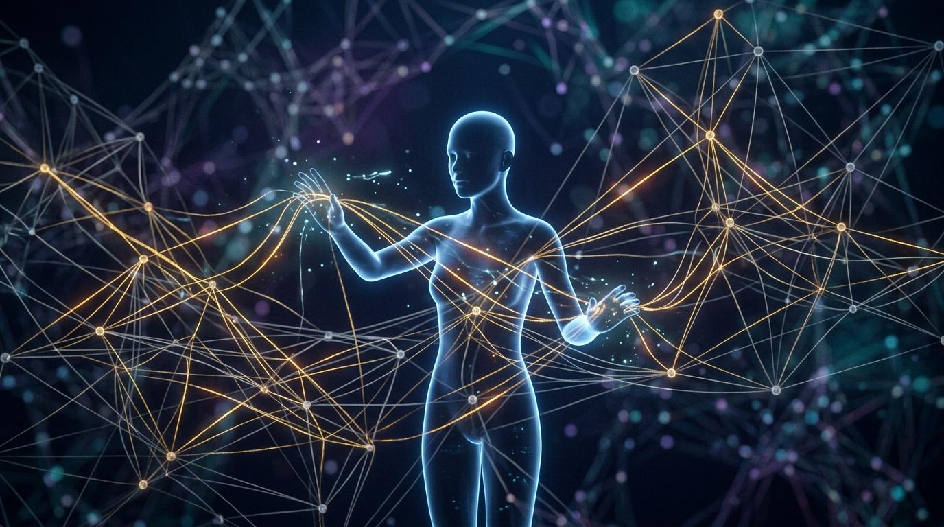Figura humana digital conectada con redes de luz dorada