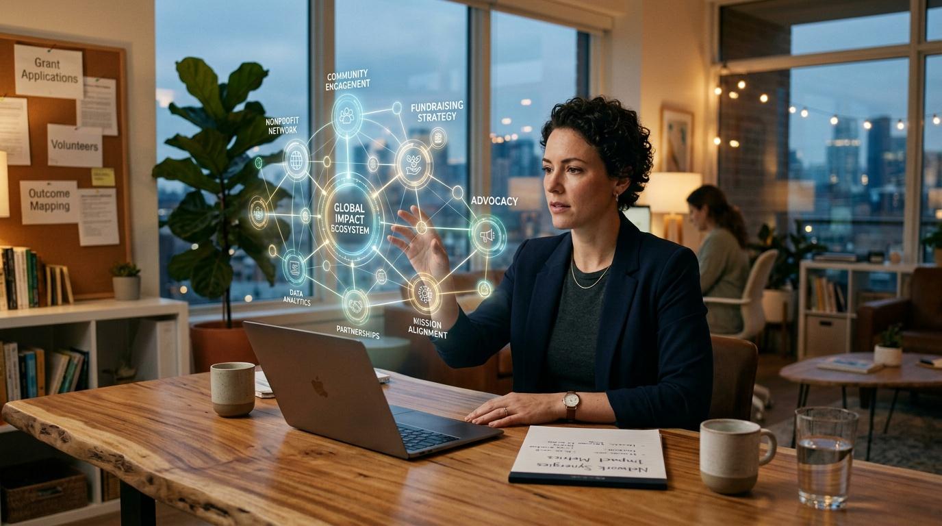 Profesional analiza ecosistema de impacto global mediante visualizaci&oacute;n digital interactiva.