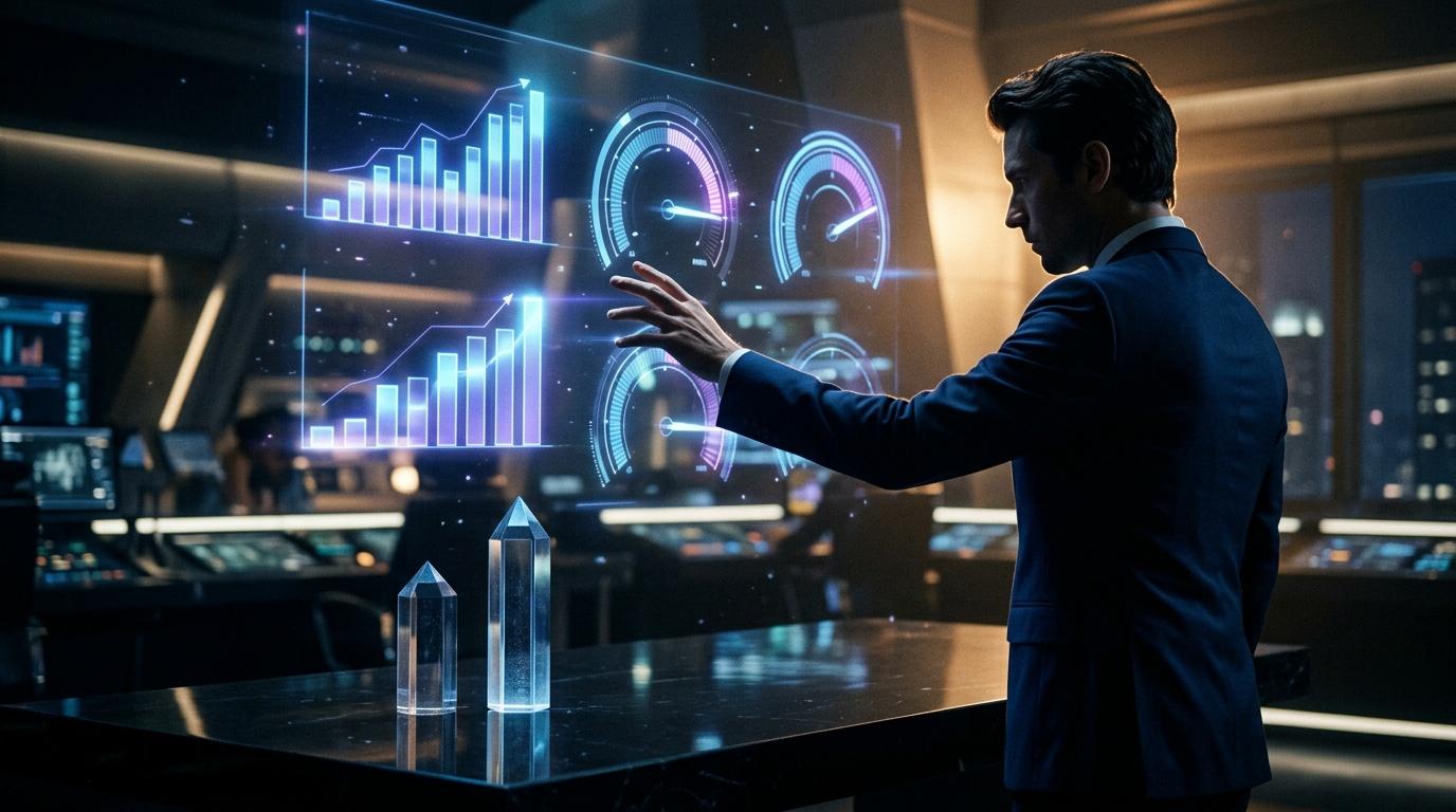 Empresario interact&uacute;a con gr&aacute;ficos hologr&aacute;ficos de datos